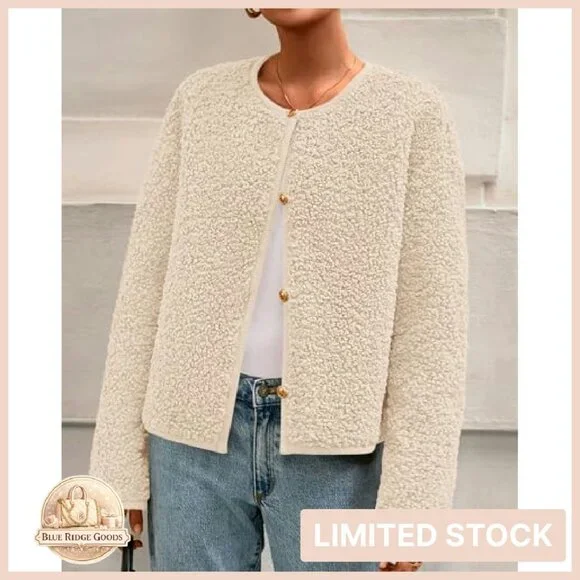 Cropped Faux Fur Jacket Sherpa Fleece Button Down Chic Winter Cozy